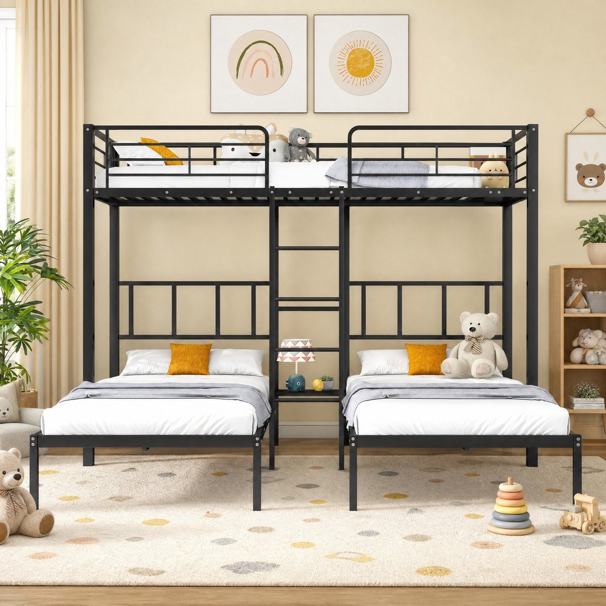 WUVRIE Stapelbed voor 3 personen 90x200 cm met ladder, valbeveiliging en tafelblad, zwart