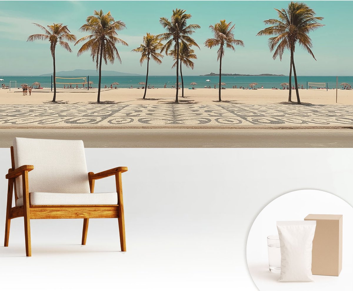 Wallfluent Fotobehang - Turkoois Vliesbehang - 250x104 cm - Palmbomenstrand Fotobehang Vlies - Woonkamer behang Landschappen - Muurschildering - Hal behang