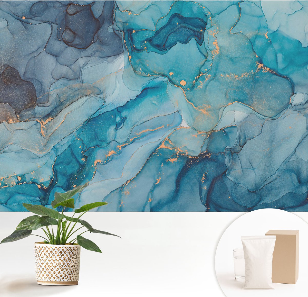 Wallfluent Fotobehang - Blauw Vliesbehang - 152x104 cm - Blauwe Abstractie Fotobehang Vlies - Woonkamer behang Abstractie - Muurschildering - Hal behang