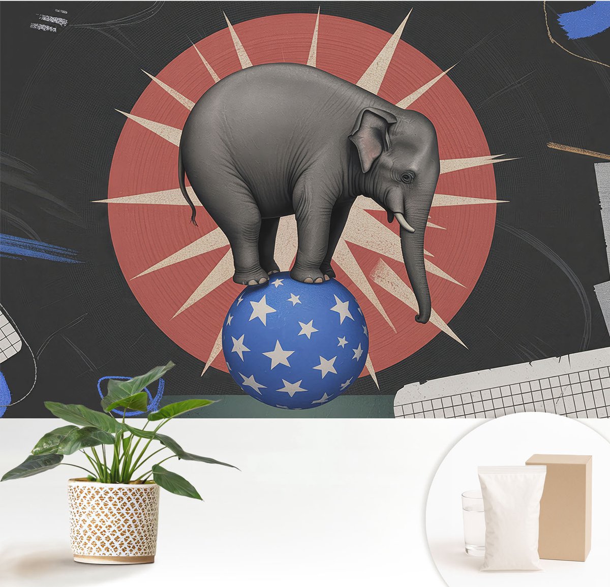 Wallfluent Fotobehang - Zwart Vliesbehang - 152x104 cm - Circusolifant Fotobehang Vlies - Woonkamer behang Deel - Muurschildering - Woonkamer behang