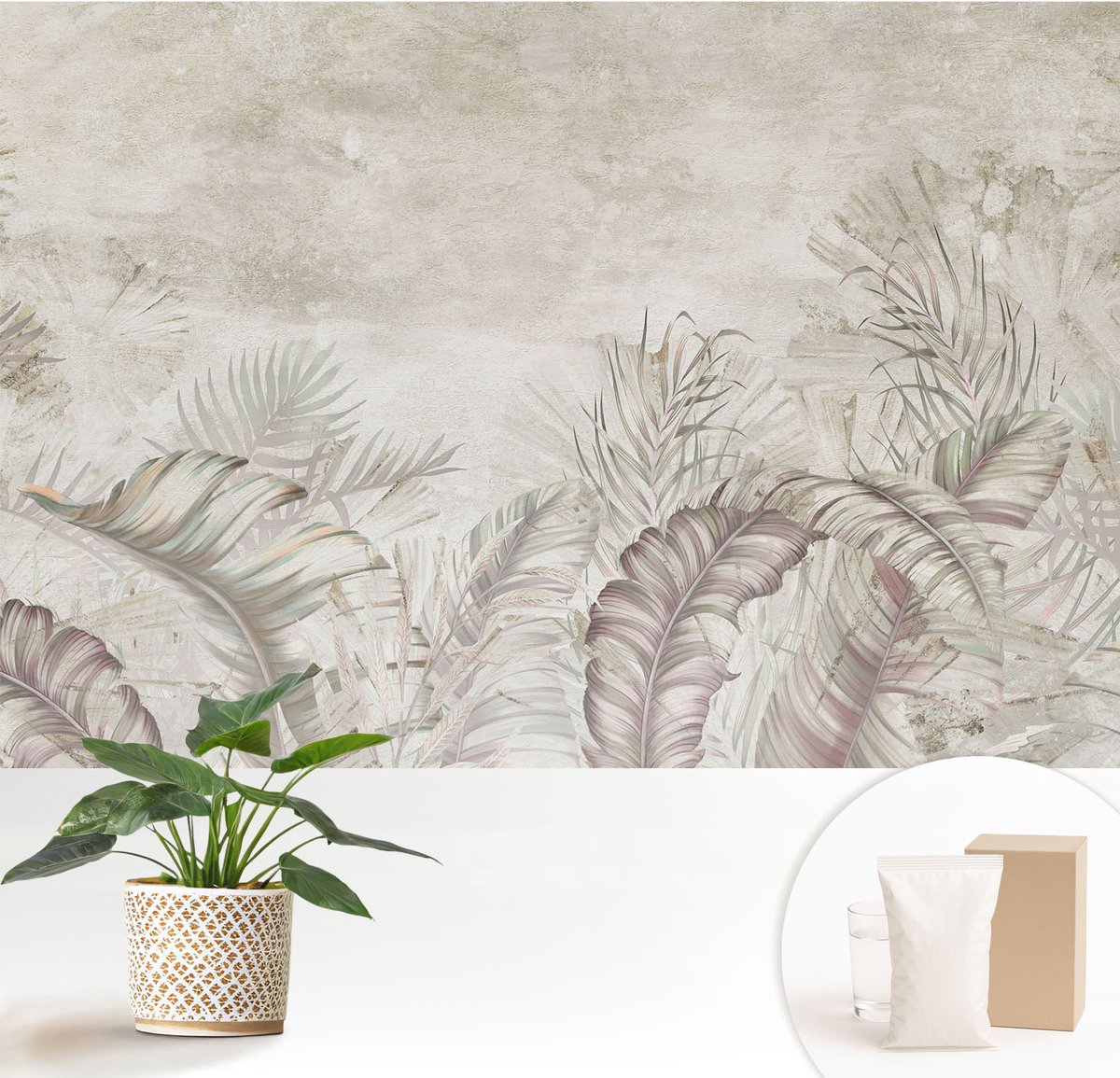 Wallfluent Fotobehang - Beige Vliesbehang - 152x104 cm - Decoratieve Bladeren Muurschildering - Slaapkamer behang Bloemen En Planten - Fotobehang Vlies - Slaapkamer behang