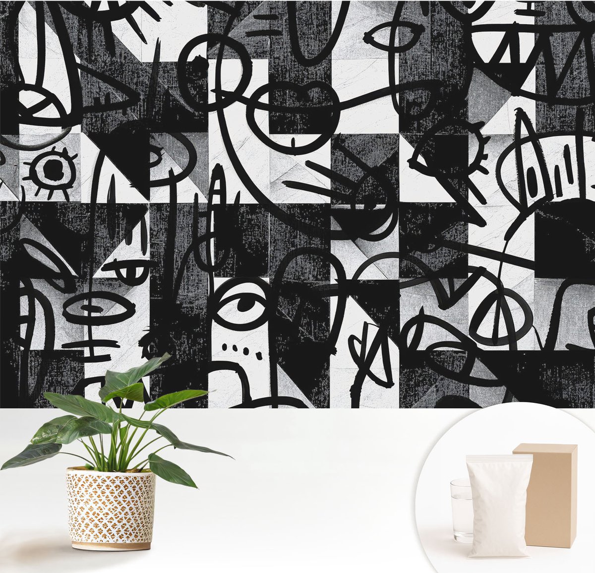 Wallfluent Fotobehang - Zwart Vliesbehang - 152x104 cm - Chaos Tekenen Muurschildering - Gang behang Abstractie - Fotobehang Vlies - Slaapkamer behang
