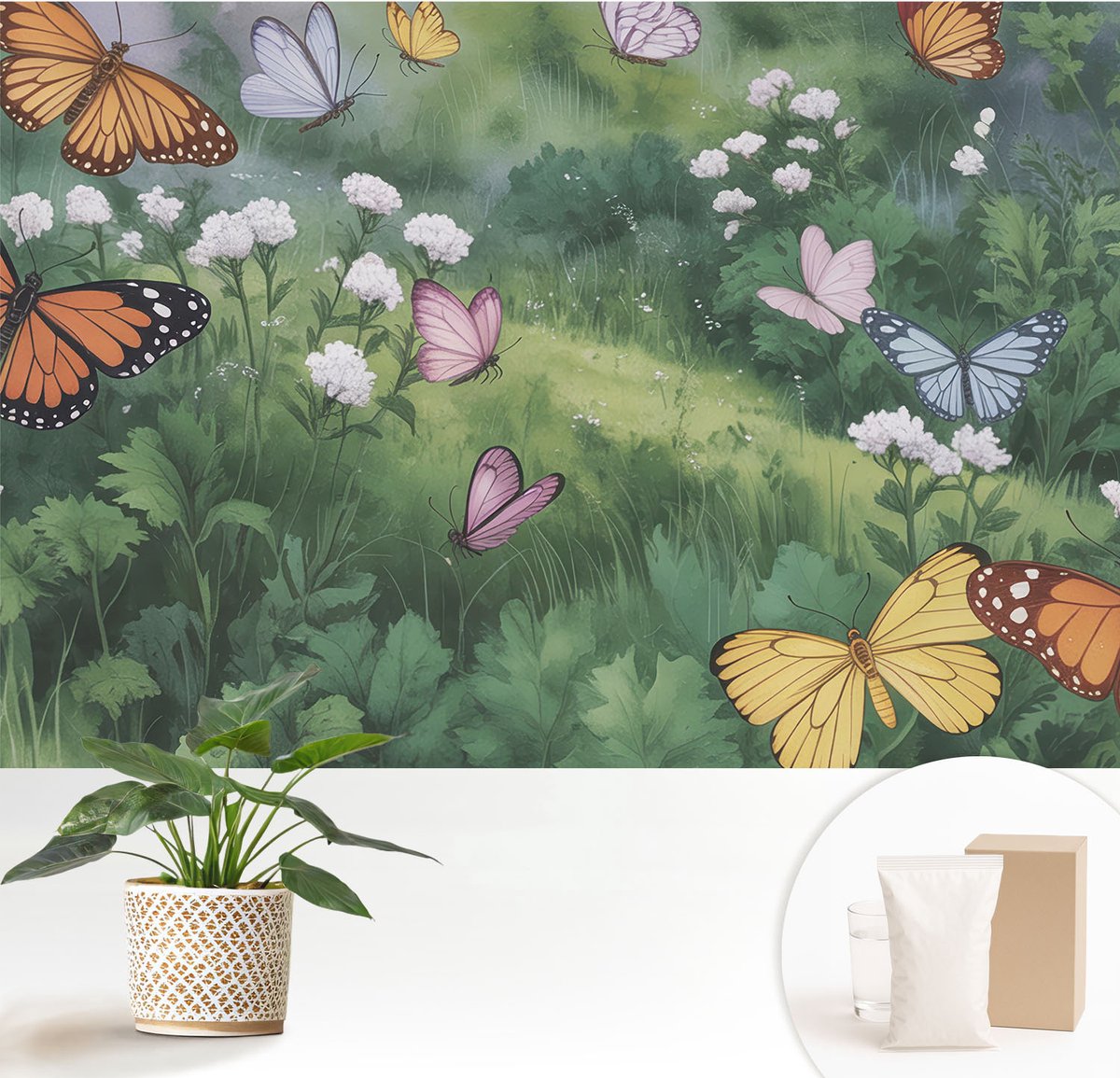 Wallfluent Fotobehang - Groente Vliesbehang - 152x104 cm - Vlinders In De Weide Fotobehang Vlies - Woonkamer behang Bloemen En Planten - Muurschildering - Hal behang