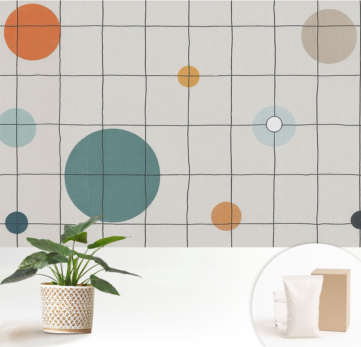 Wallfluent Fotobehang - Wit Vliesbehang - 152x104 cm - Gekleurde Cirkels Fotobehang Vlies - Woonkamer behang Abstractie - Muurschildering - Hal behang