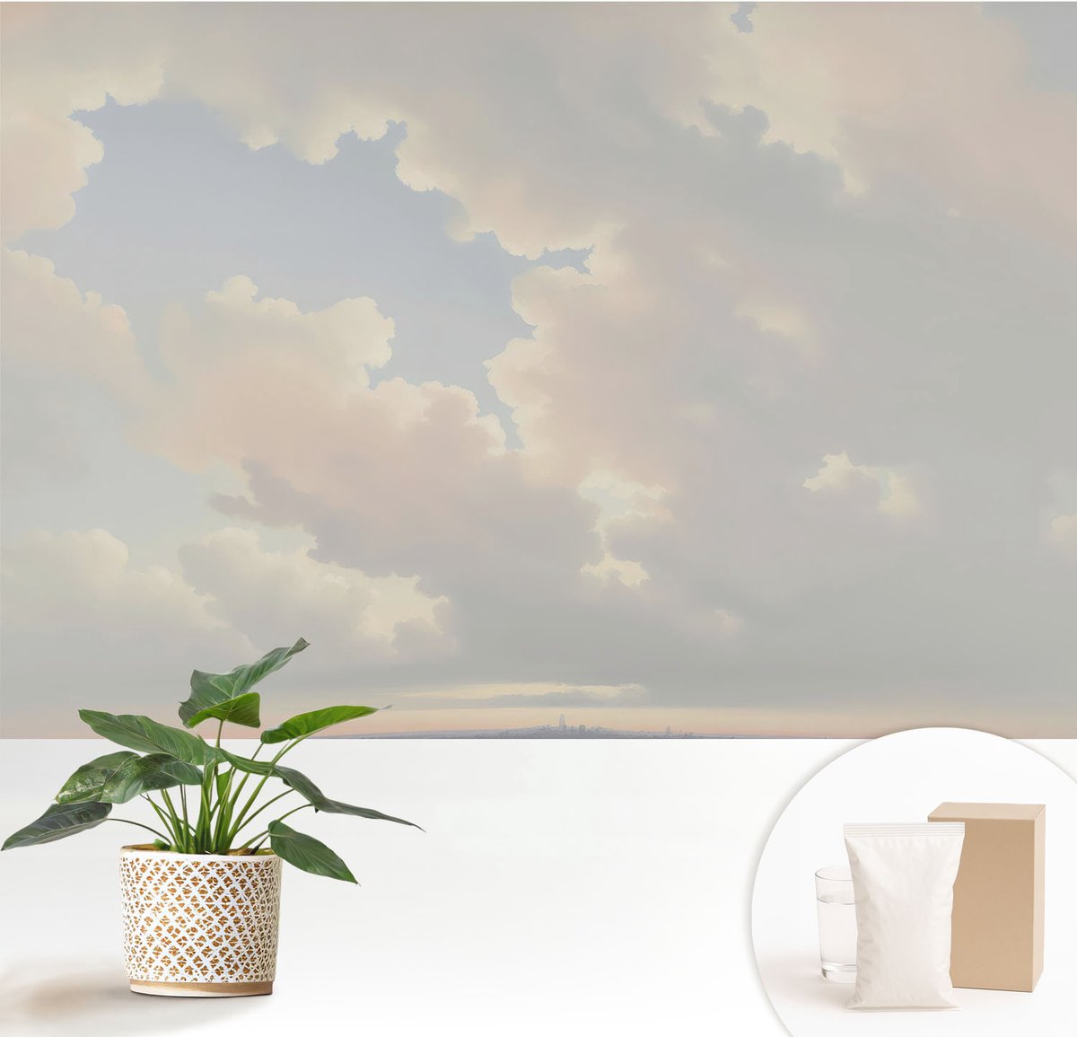 Wallfluent Fotobehang - Wit Vliesbehang - 152x104 cm - Pastelkleurige Hemel Fotobehang Vlies - Woonkamer behang Landschappen - Muurschildering - Woonkamer behang
