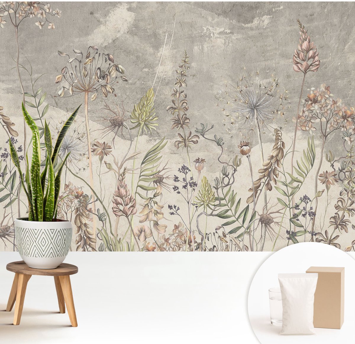 Wallfluent Fotobehang - Grijs Vliesbehang - 208x146 cm - Wilde Planten Muurschildering - Slaapkamer behang Bloemen En Planten - Fotobehang Vlies - Slaapkamer behang