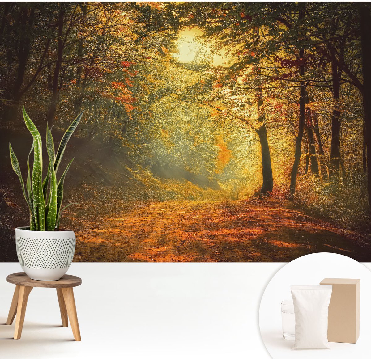 Wallfluent Fotobehang - Geel Vliesbehang - 208x146 cm - Herfstlandschap Muurschildering - Gang behang Landschappen - Fotobehang Vlies - Slaapkamer behang
