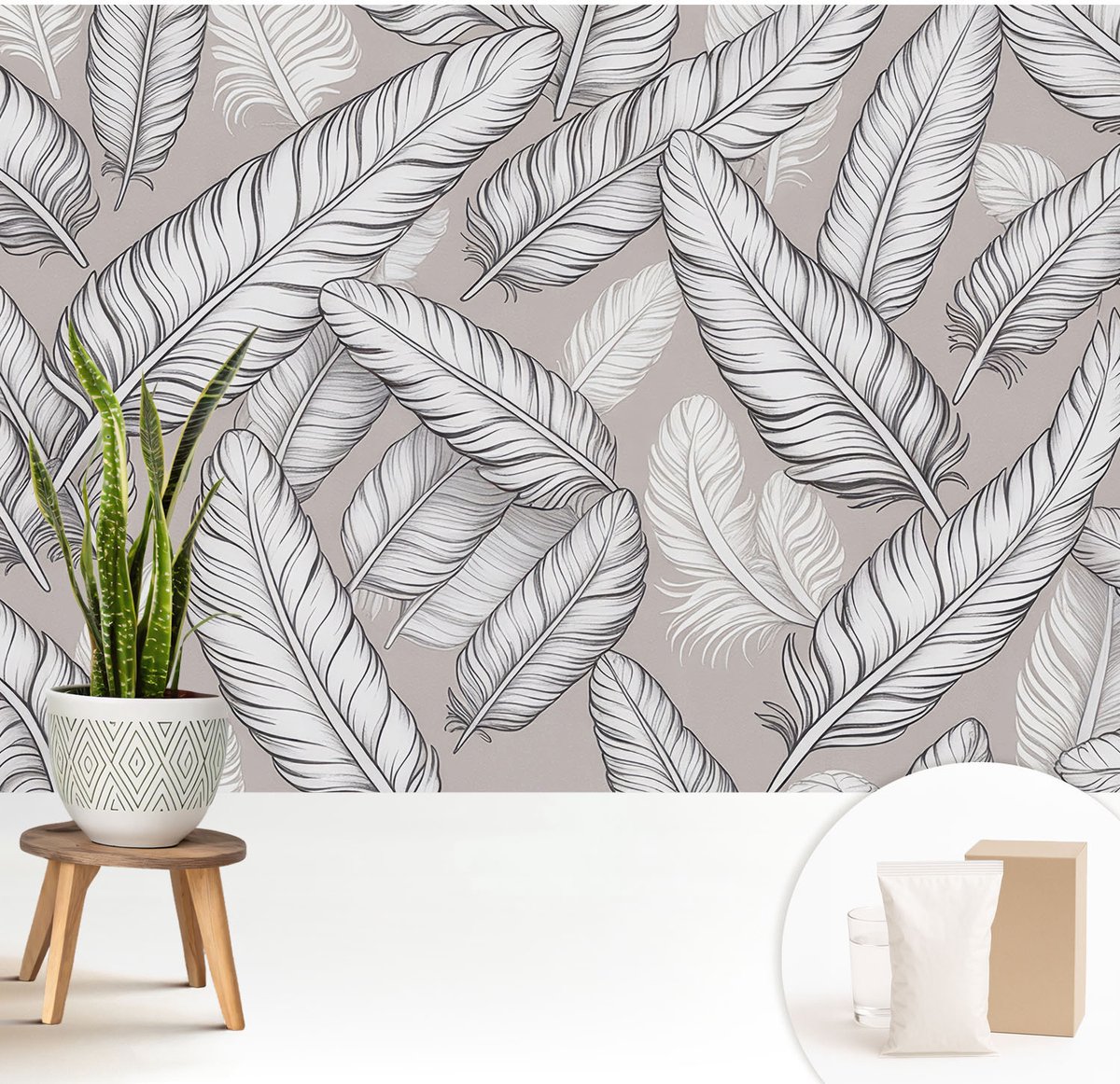 Wallfluent Fotobehang - Grijs Vliesbehang - 208x146 cm - Subtiele Veren Fotobehang Vlies - Woonkamer behang Achtergronden En Patronen - Muurschildering - Woonkamer behang