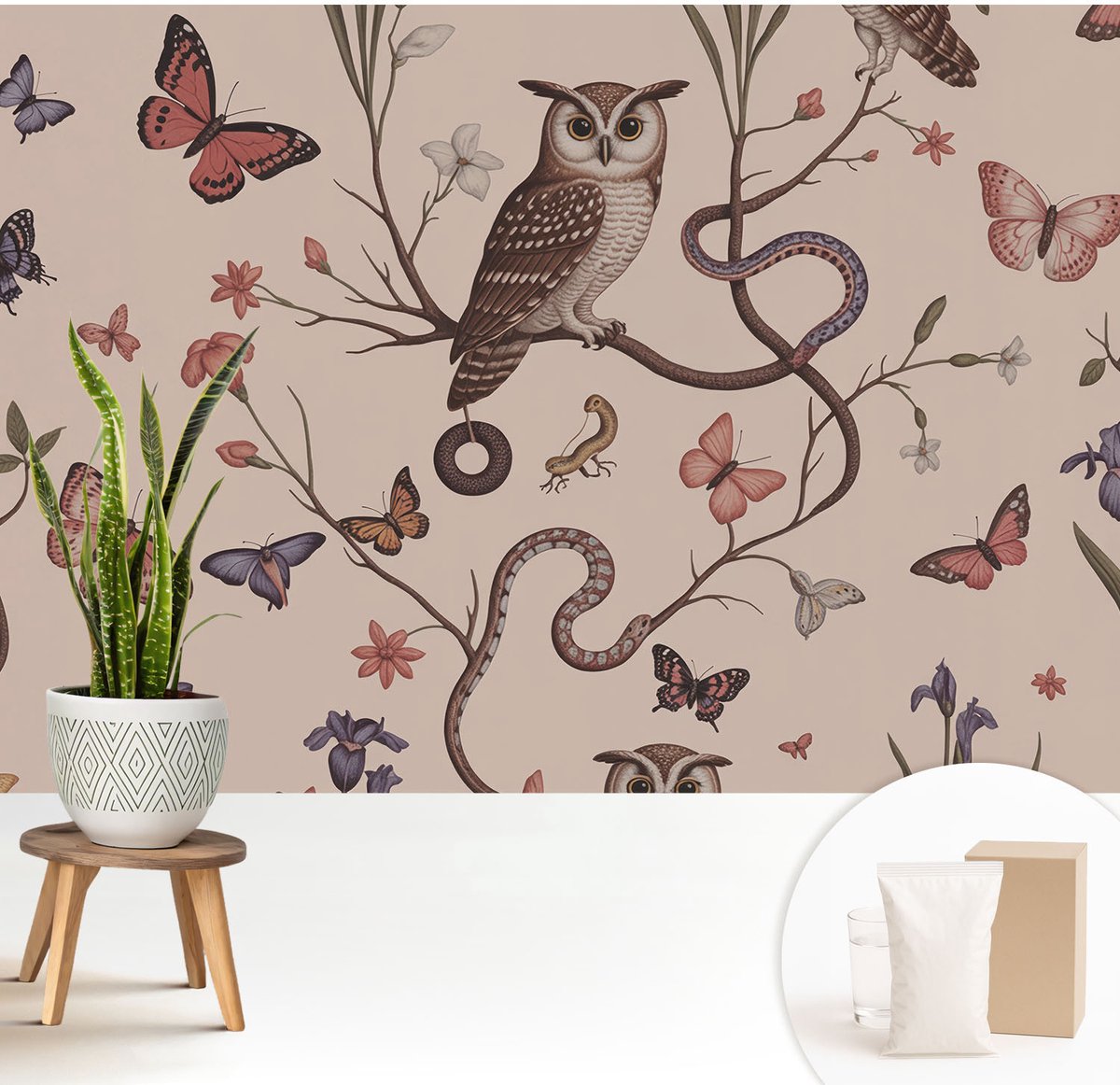 Wallfluent Fotobehang - Beige Vliesbehang - 208x146 cm - Uil Natuur Fotobehang Vlies - Hal behang Bloemen En Planten - Muurschildering - Woonkamer behang