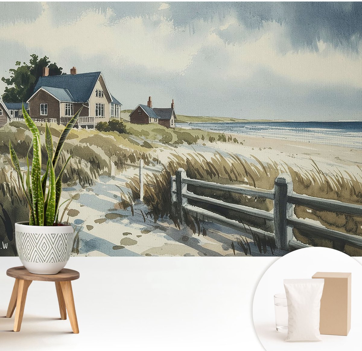 Wallfluent Fotobehang - Wit Vliesbehang - 208x146 cm - Strandduinen Muurschildering - Gang behang Landschappen - Fotobehang Vlies - Slaapkamer behang