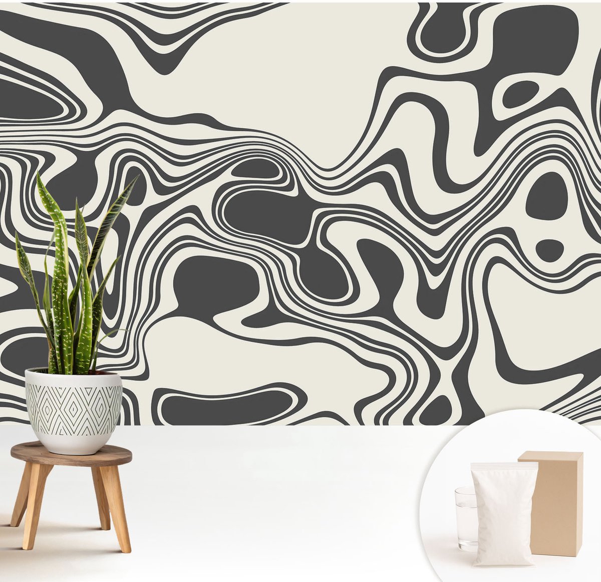 Wallfluent Fotobehang - Zwart-Wit Vliesbehang - 208x146 cm - Dynamische Lijnen Fotobehang Vlies - Hal behang Abstractie - Muurschildering - Hal behang