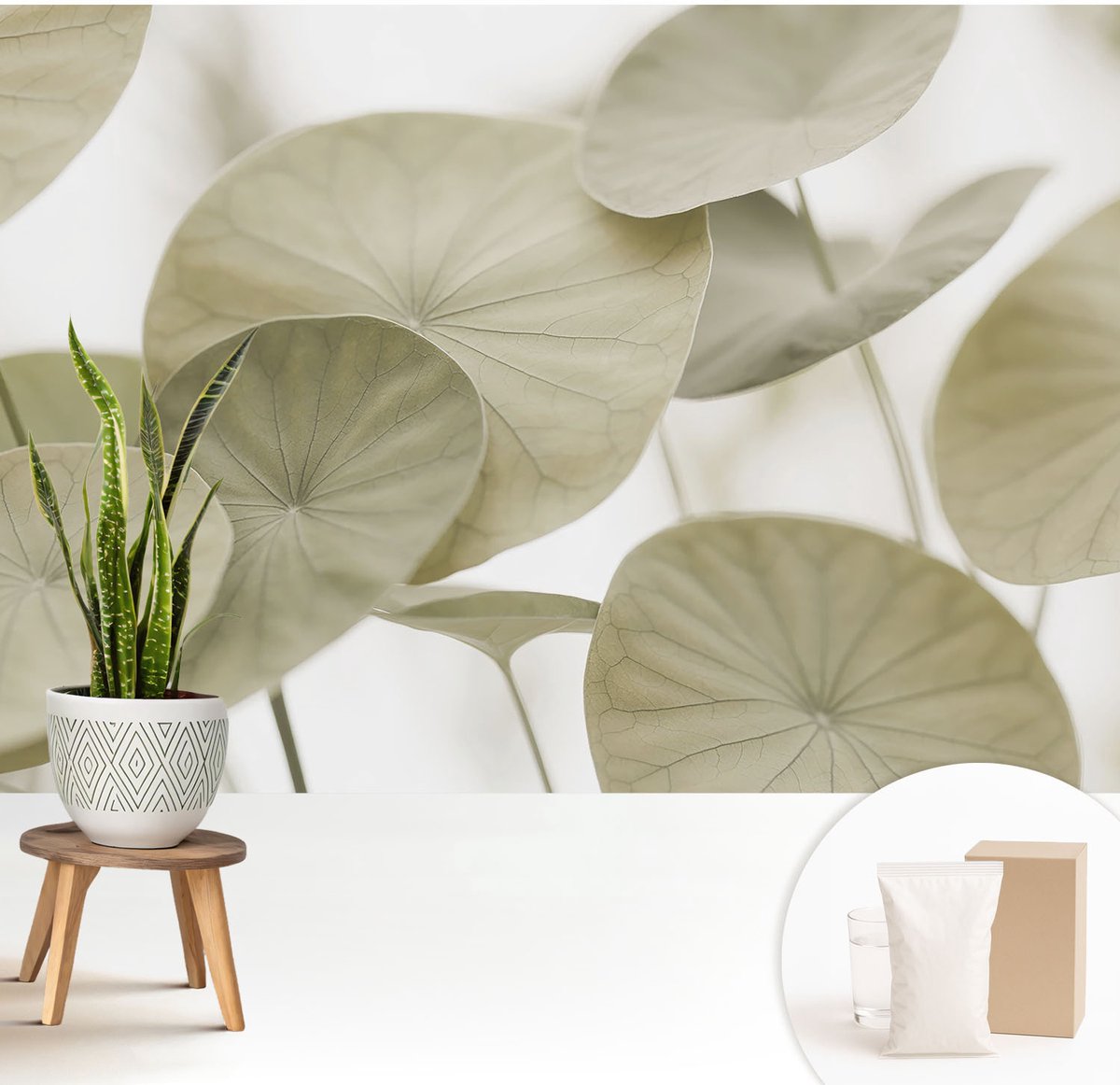 Wallfluent Fotobehang - Beige Vliesbehang - 208x146 cm - Natuurlijke Elegantie Fotobehang Vlies - Hal behang Bloemen En Planten - Muurschildering - Woonkamer behang