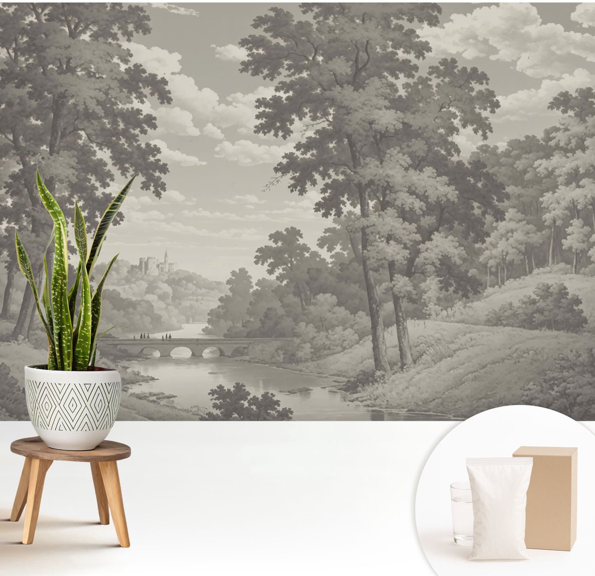 Wallfluent Fotobehang - Grijs Vliesbehang - 208x146 cm - Kasteel En Brug Fotobehang Vlies - Woonkamer behang Landschappen - Muurschildering - Woonkamer behang