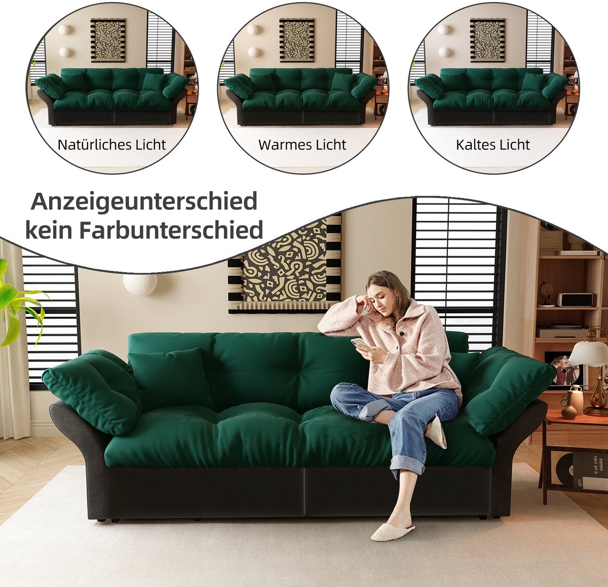 MODENUIT Slaapbank 190 Cm - Uitschuifbaar 3-in-1 Met 2 Kussens - Woonkamer En Slaapkamer - Velours Groen