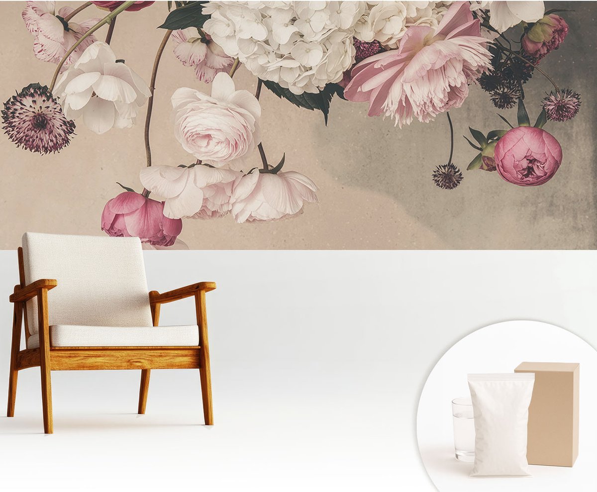 Wallfluent Fotobehang - Wit Vliesbehang - 250x104 cm - Romantische Bloemen Fotobehang Vlies - Woonkamer behang Bloemen En Planten - Muurschildering - Hal behang