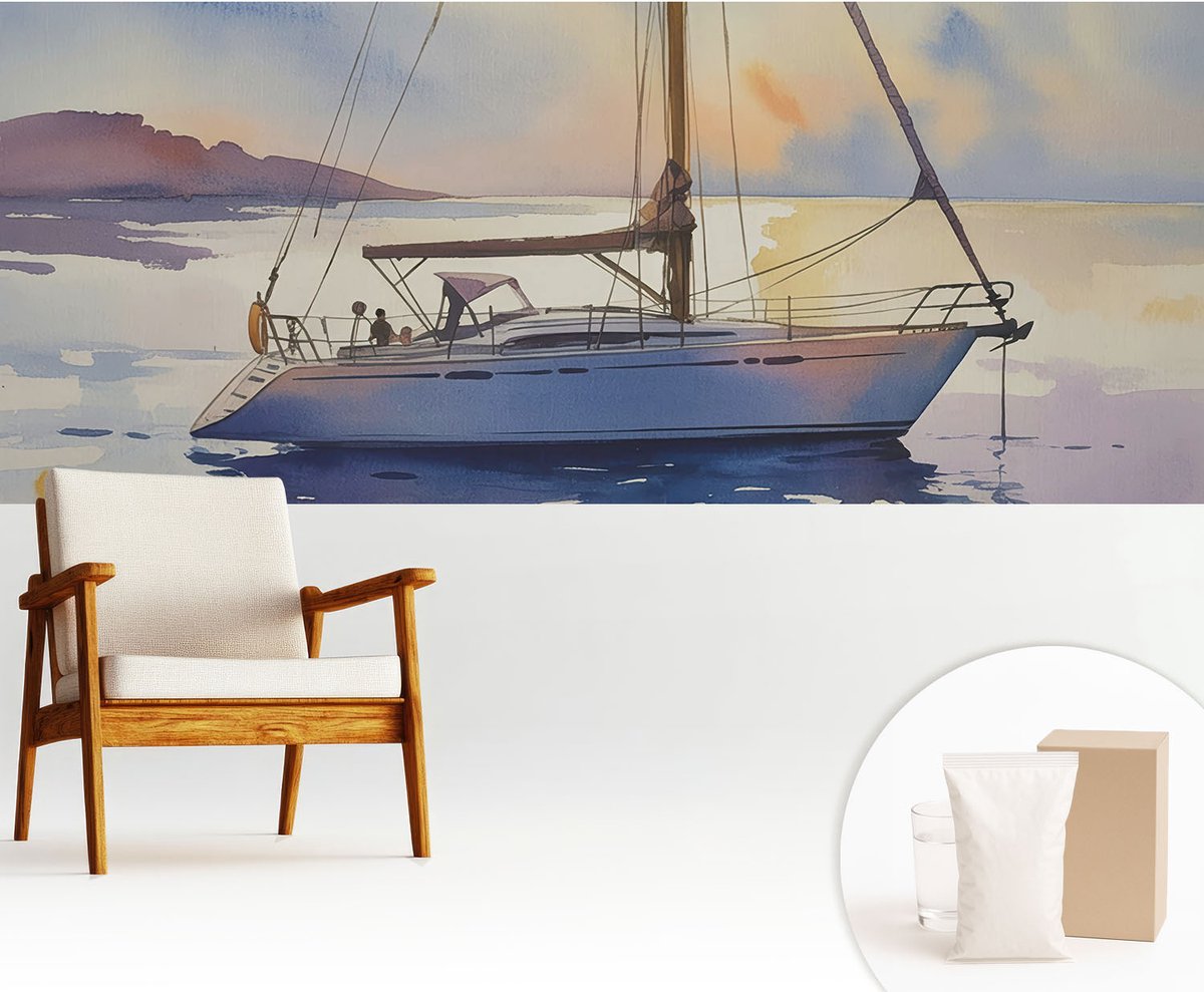 Wallfluent Fotobehang - Blauw Vliesbehang - 250x104 cm - Zeilboot West Fotobehang Vlies - Woonkamer behang Landschappen - Muurschildering - Woonkamer behang