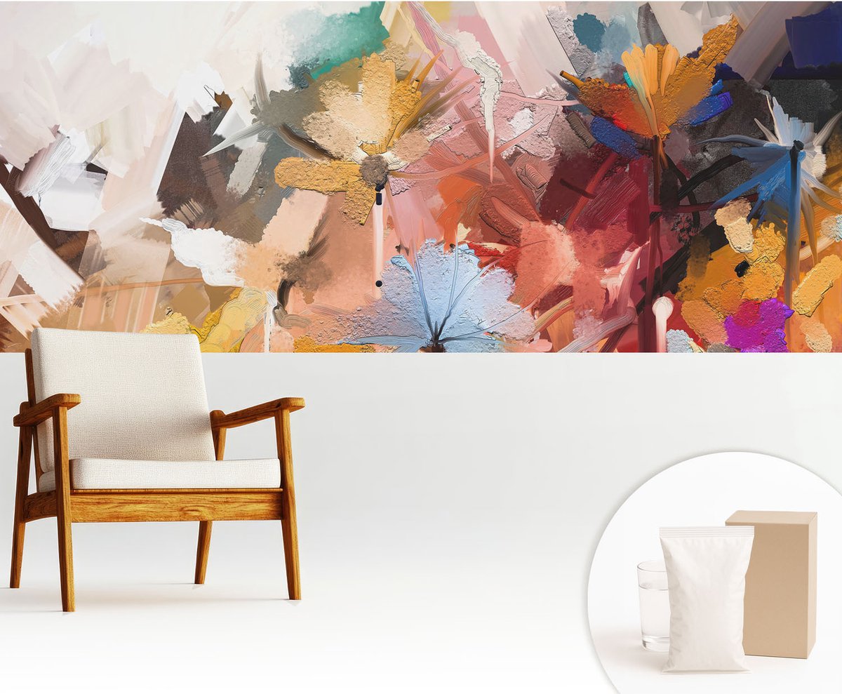 Wallfluent Fotobehang - Beige Vliesbehang - 250x104 cm - Abstracte Bloemen Muurschildering - Slaapkamer behang Deel - Fotobehang Vlies - Gang behang