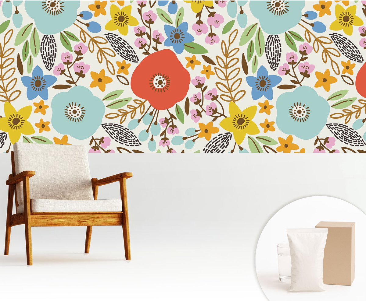 Wallfluent Fotobehang - Blauw Vliesbehang - 250x104 cm - Bloemenpatroon Muurschildering - Slaapkamer behang Bloemen En Planten - Fotobehang Vlies - Gang behang