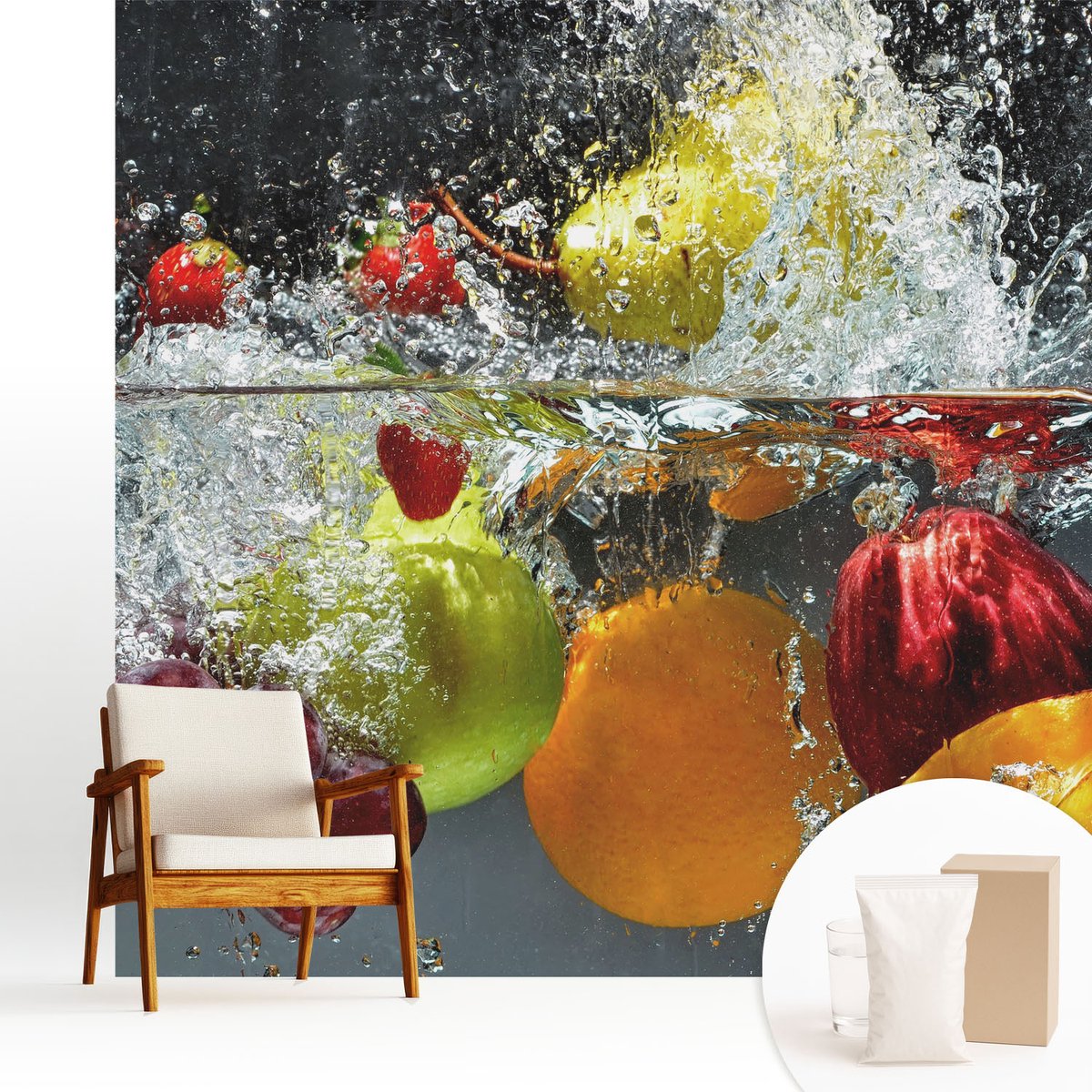 Wallfluent Fotobehang - Grijs Vliesbehang - 250x250 cm - Fruit In Water Muurschildering - Slaapkamer behang Voedsel - Fotobehang Vlies - Gang behang