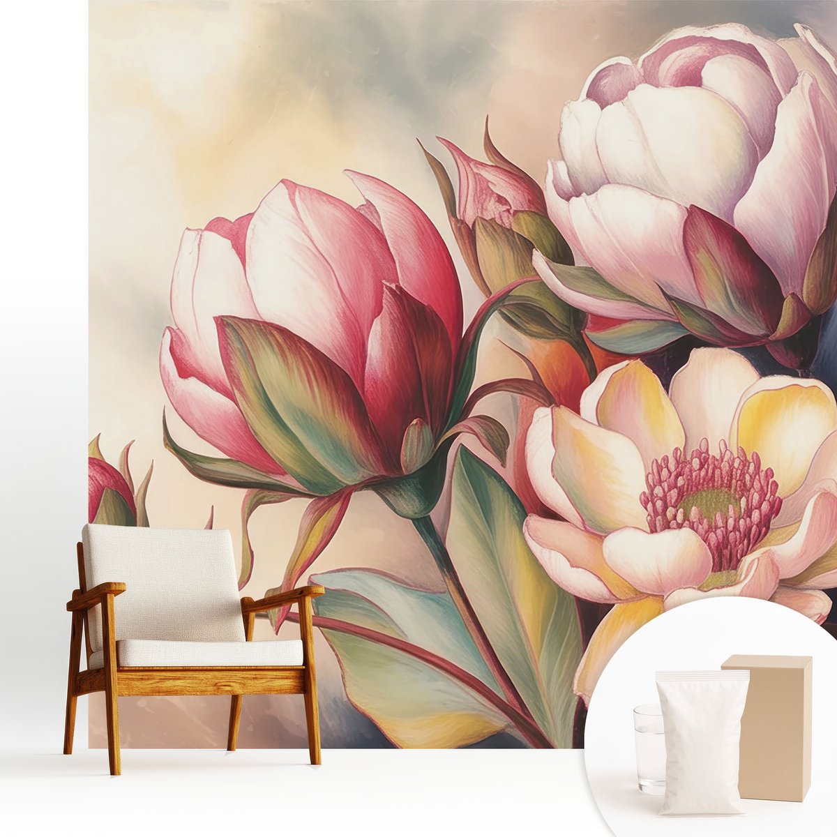 Wallfluent Fotobehang - Wit Vliesbehang - 250x250 cm - Een Boeket Bloemen Fotobehang Vlies - Hal behang Bloemen En Planten - Muurschildering - Woonkamer behang
