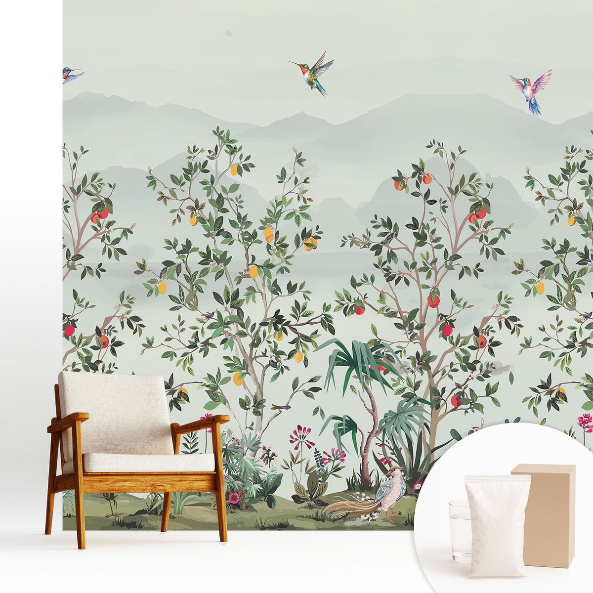 Wallfluent Fotobehang - Grijs Vliesbehang - 250x250 cm - Exotische Bomen Muurschildering - Slaapkamer behang Bloemen En Planten - Fotobehang Vlies - Slaapkamer behang