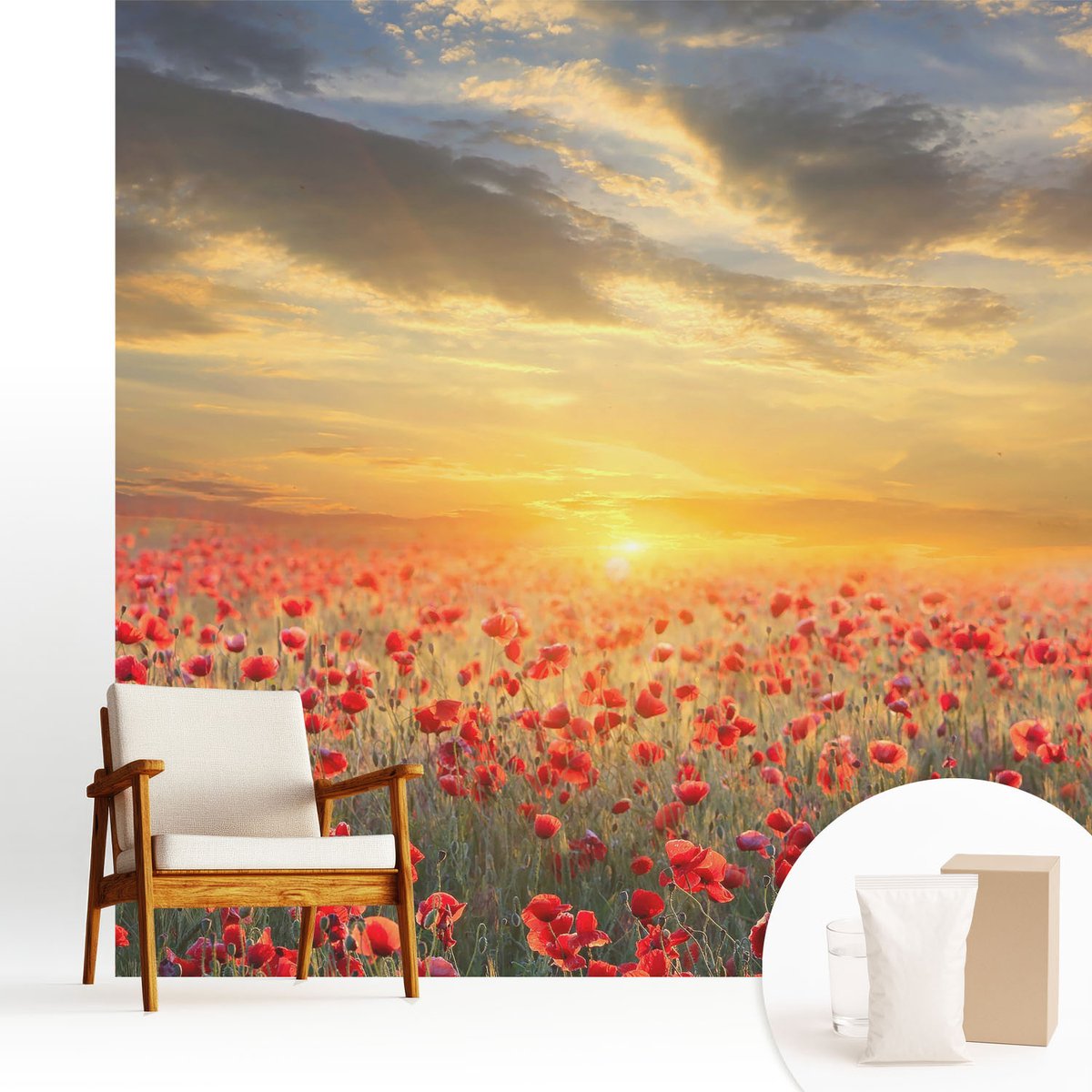 Wallfluent Fotobehang - Rood Vliesbehang - 250x250 cm - Papaverveld Muurschildering - Slaapkamer behang Bloemen En Planten - Fotobehang Vlies - Slaapkamer behang