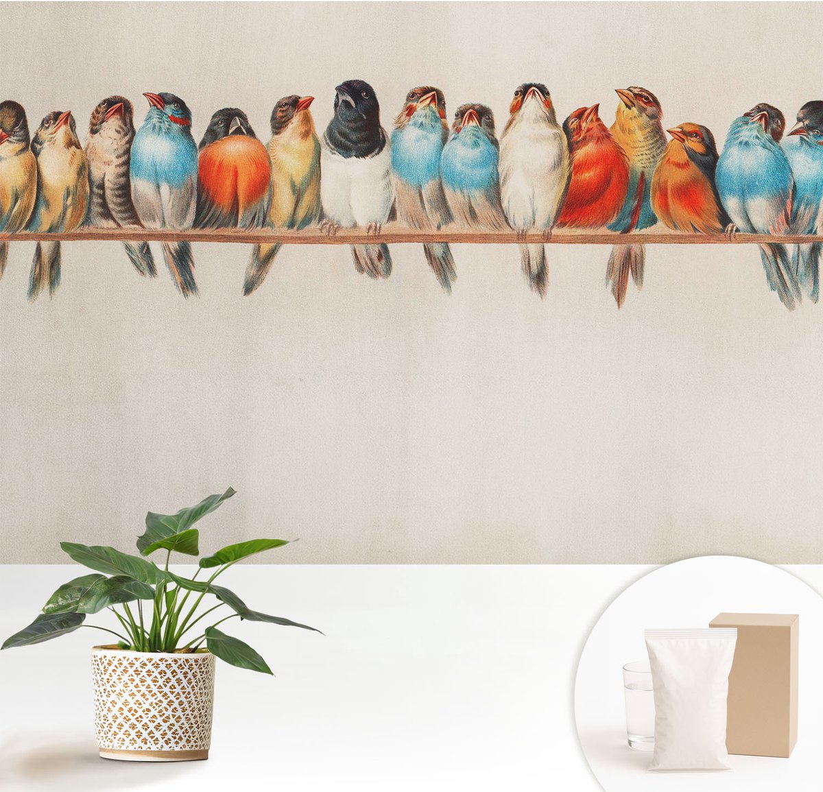 Wallfluent Fotobehang - Blauw Vliesbehang - 152x104 cm - Vogels Op Een Tak Fotobehang Vlies - Woonkamer behang Dieren - Muurschildering - Woonkamer behang