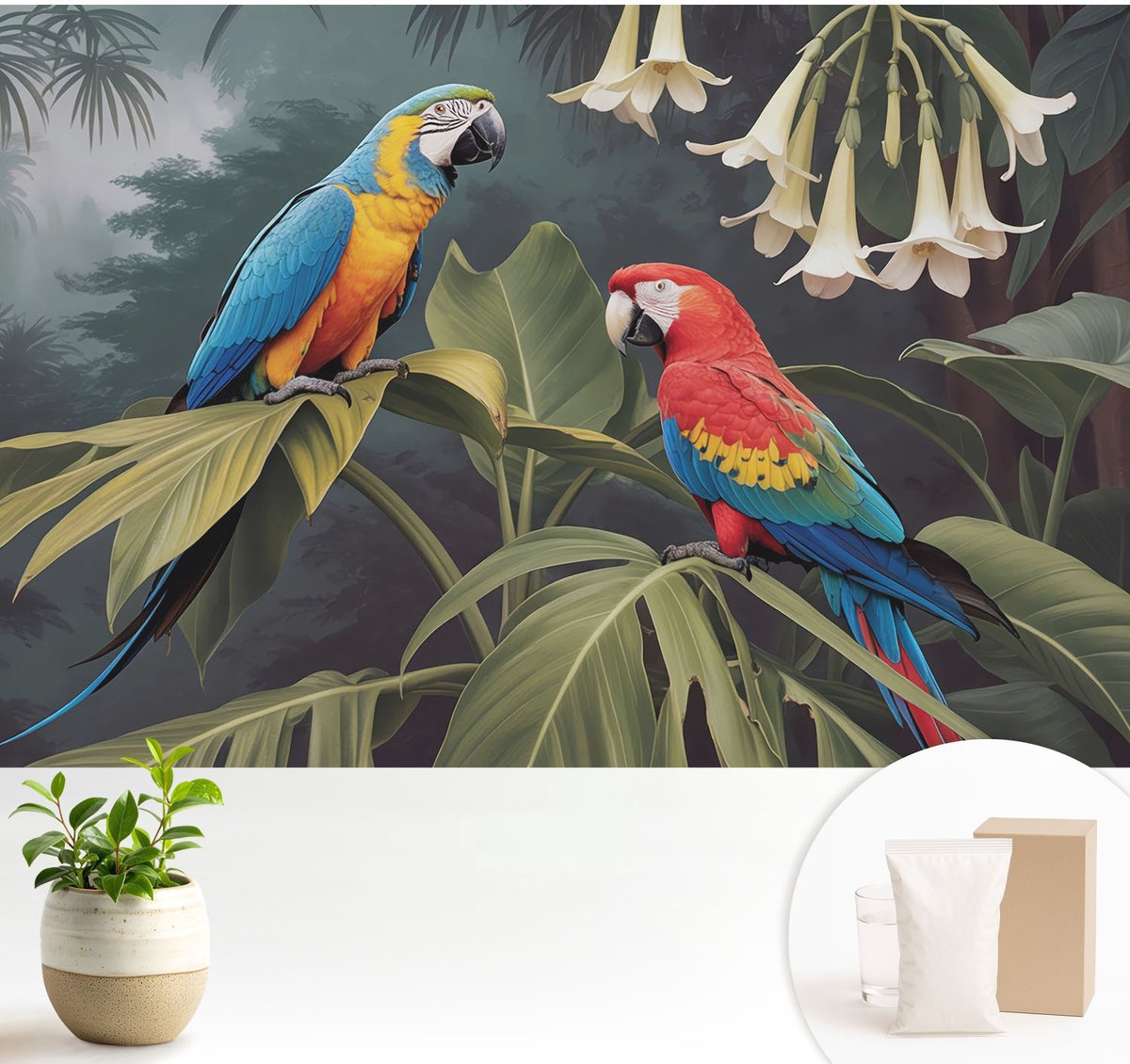 Wallfluent Fotobehang - Zwart Vliesbehang - 104x70 cm - Kleurrijke Papegaaien Fotobehang Vlies - Hal behang Dieren - Muurschildering - Hal behang