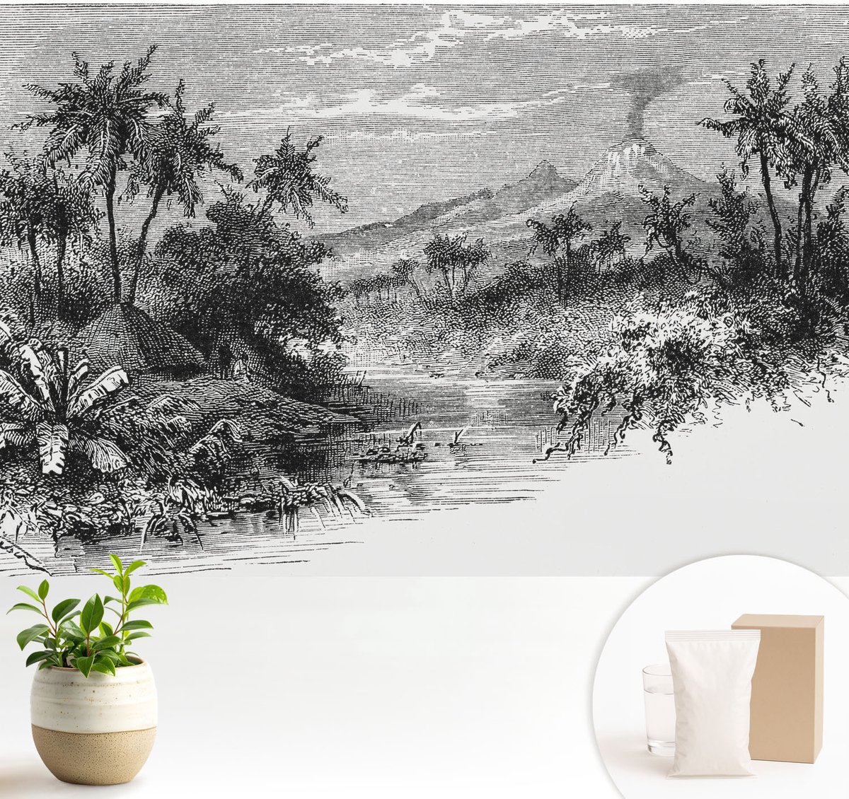 Wallfluent Fotobehang - Zwart-Wit Vliesbehang - 104x70 cm - Exotisch Panorama Fotobehang Vlies - Woonkamer behang Landschappen - Muurschildering - Hal behang