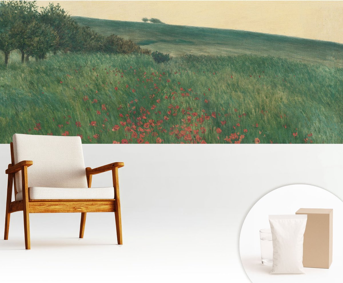 Wallfluent Fotobehang - Groente Vliesbehang - 250x104 cm - Papavervelden Muurschildering - Gang behang Landschappen - Fotobehang Vlies - Slaapkamer behang
