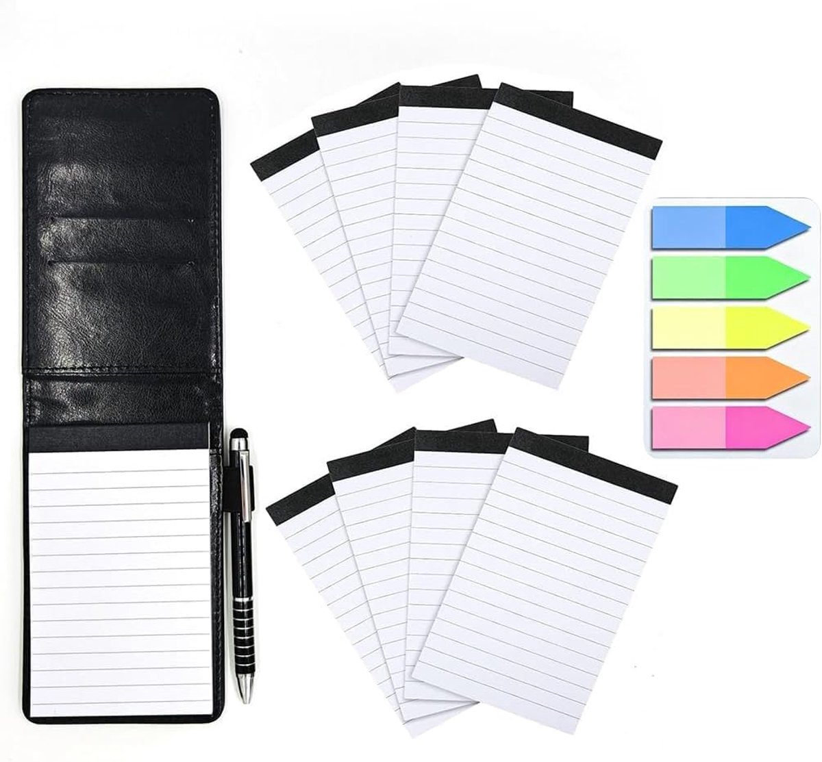 SnelShoppen - Notebook A7 Small Set met Pen, 8 Refill Pads, 100 Zelfklevende Notities, Compact Notitieboek, Leerlook, Spiral Binding, Ideaal voor Op R
