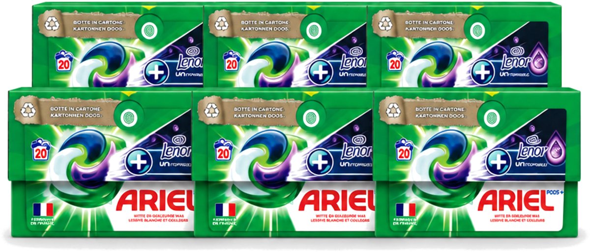 6 x Ariel Original - Touch of Lenor Unstoppables - Wasmiddelcapsules - Pods+ - Witte en Gekleurde Was - 20 Wasbeurten - Voordeelverpakking - 6 stuks