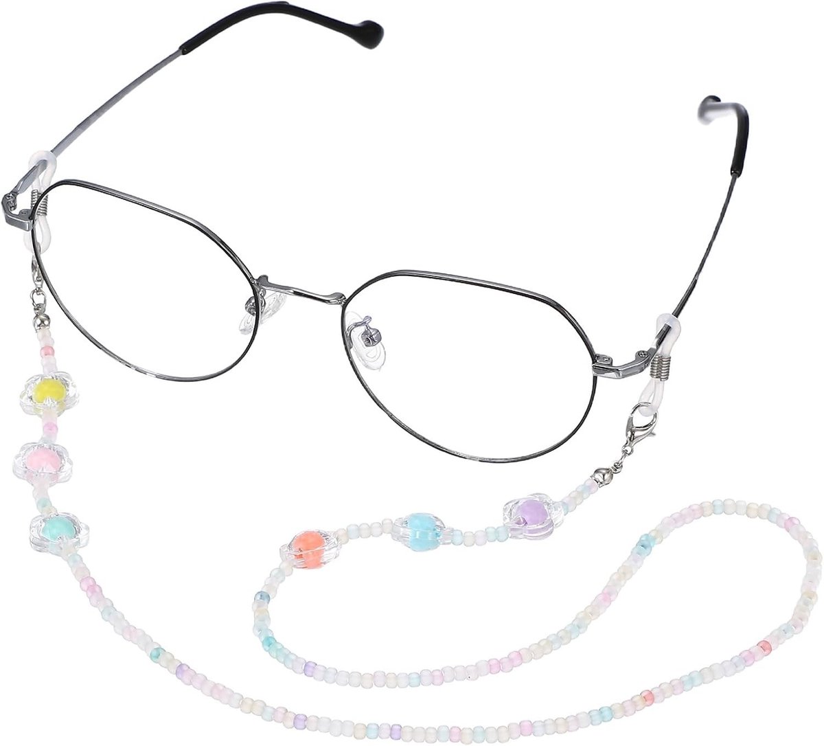 Stijlvolle brillenketting met parels en bloemen, anti-verlies lanyard voor zonnebrillen en hoofdbanden, unisex design, meerkleurig