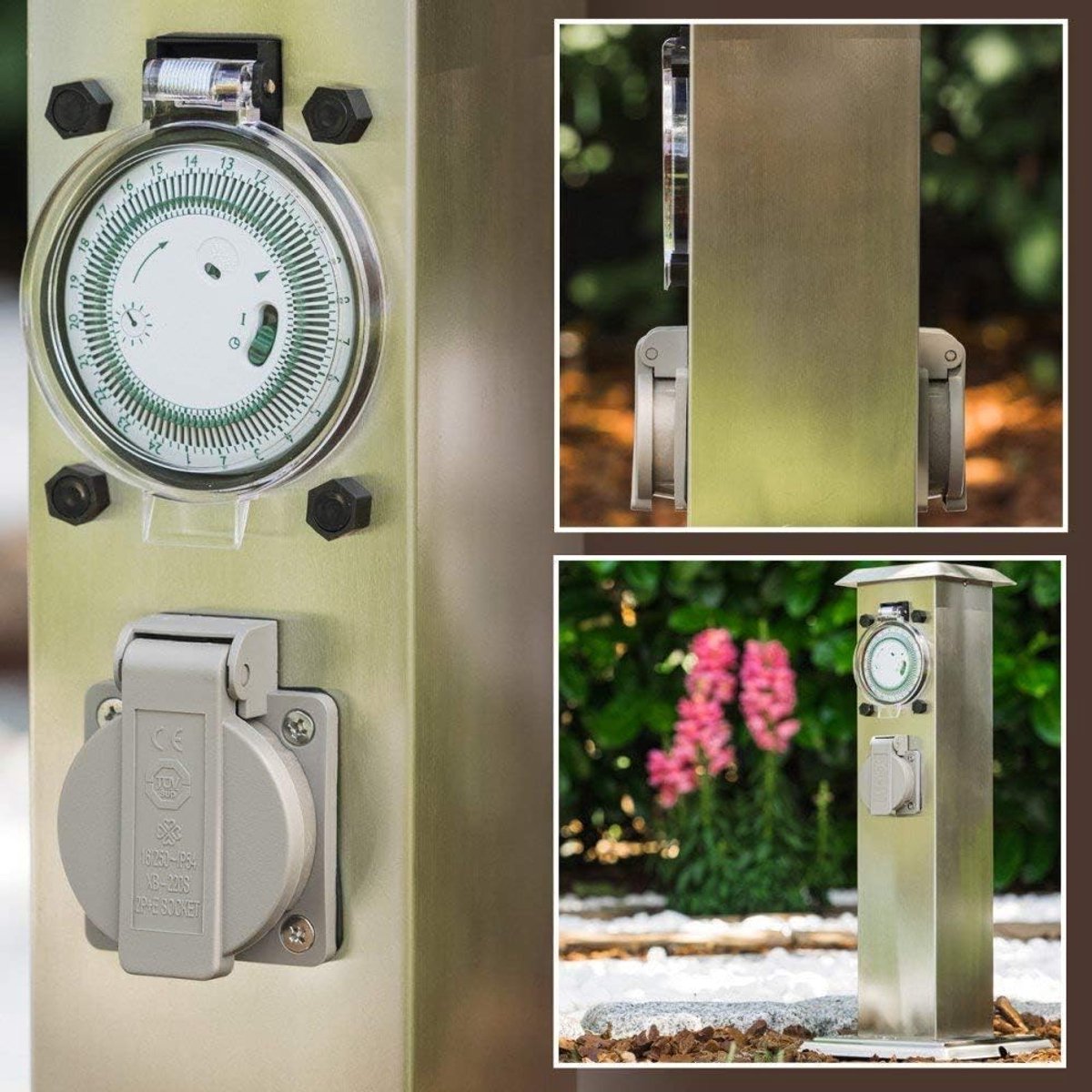 Buitencontactdoos: roestvrijstalen tuincontactdoos met 24-uurs timer en 2 contactdozen met klapdeksel voor permanente installatie, meervoudige contactdoos voor buiten, IP44
