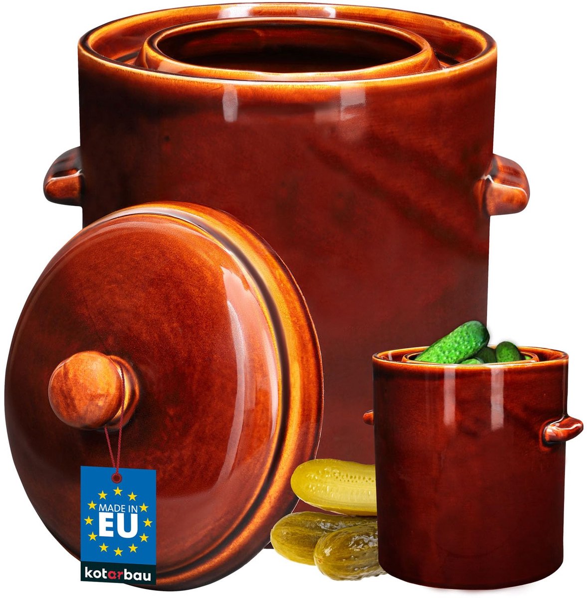 KOTARBAU® Zuurkoolpot - Keramische Fermentatiepot 10L met Deksel Waterrand Fermentatiepot - voor Zuurkool - Kimchi en Groenten - Steengoed - Bruin