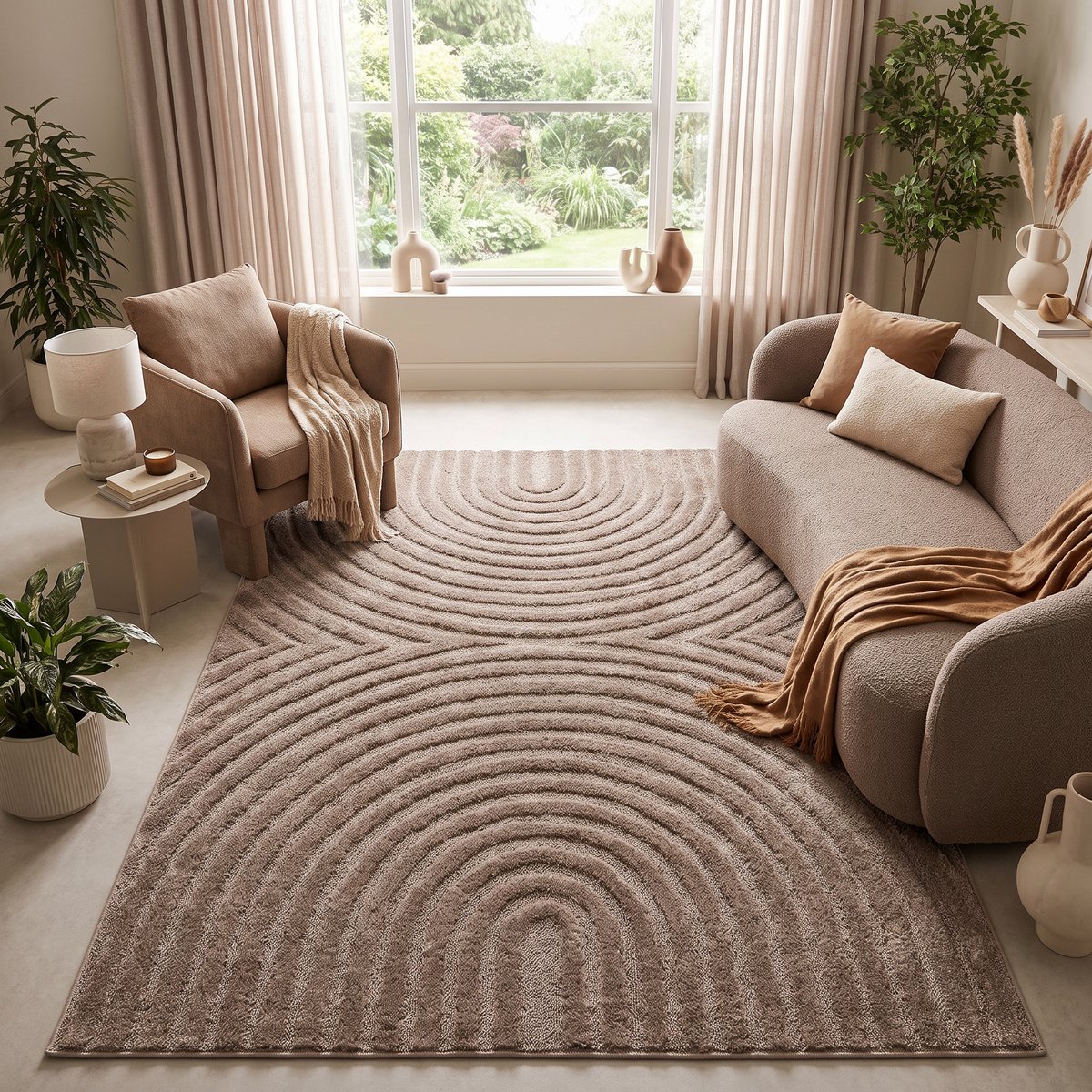 Tapiso Vloerkleed Linea 3D Boogpatroon - Taupe Bruin - Modern Design - Woonkamer 160x220 Taupe Boogpatrooon