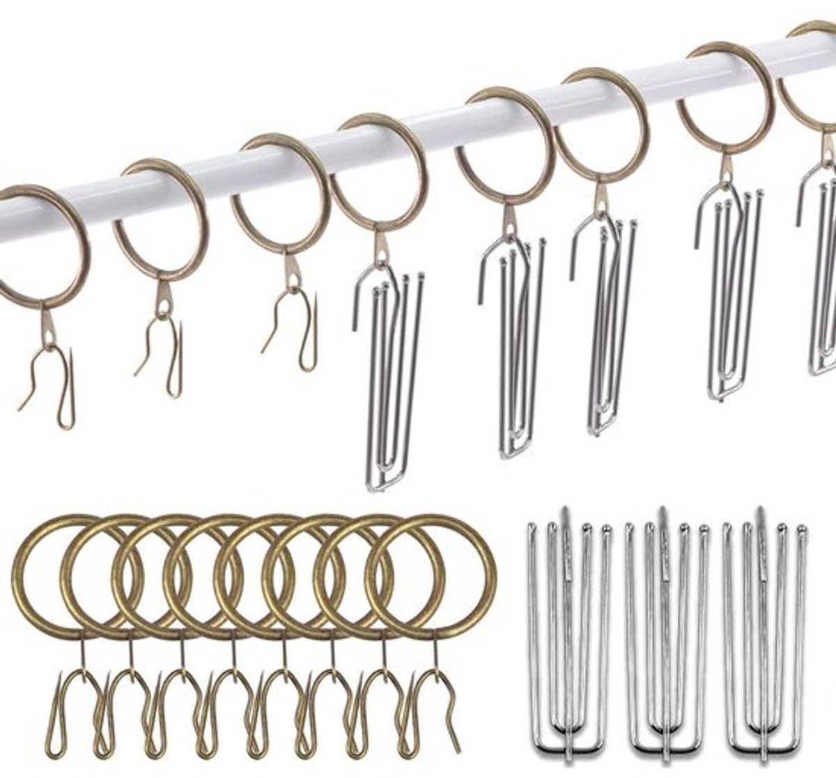 120x gordijnringen - Met krokodilclips en pennen - 30 mm brons