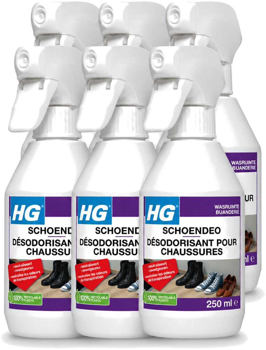 6 x HG - Schoendeo - Neutraliseert Zweetgeuren - Gemakkelijk in Gebruik - 250 ml - Voordeelverpakking - 6 stuks