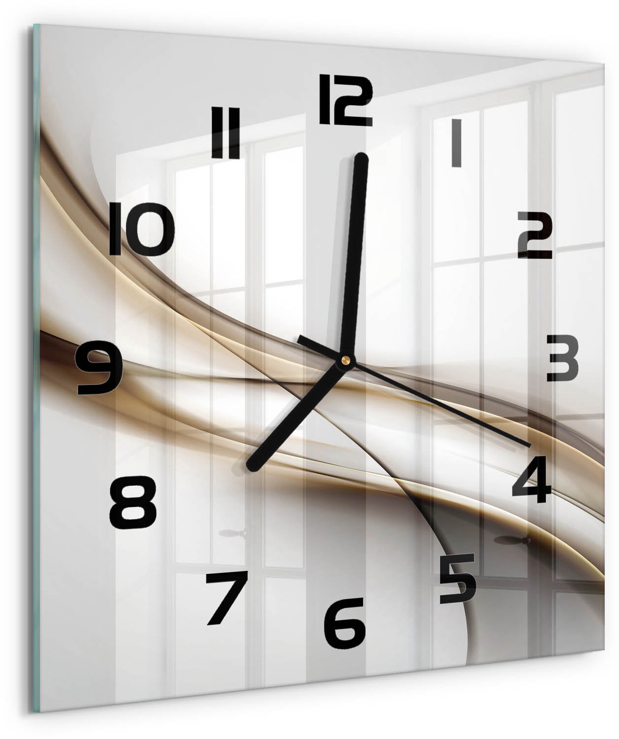 TULUP Wandklok - Bruine golf Klok Glas Met Opdruk - 30x30 cm - Beige Moderne Wandklok Glas - Zwarte handen - Vierkante Klok - Decoratieve Glazen Klok - Glazen Wandklok Design