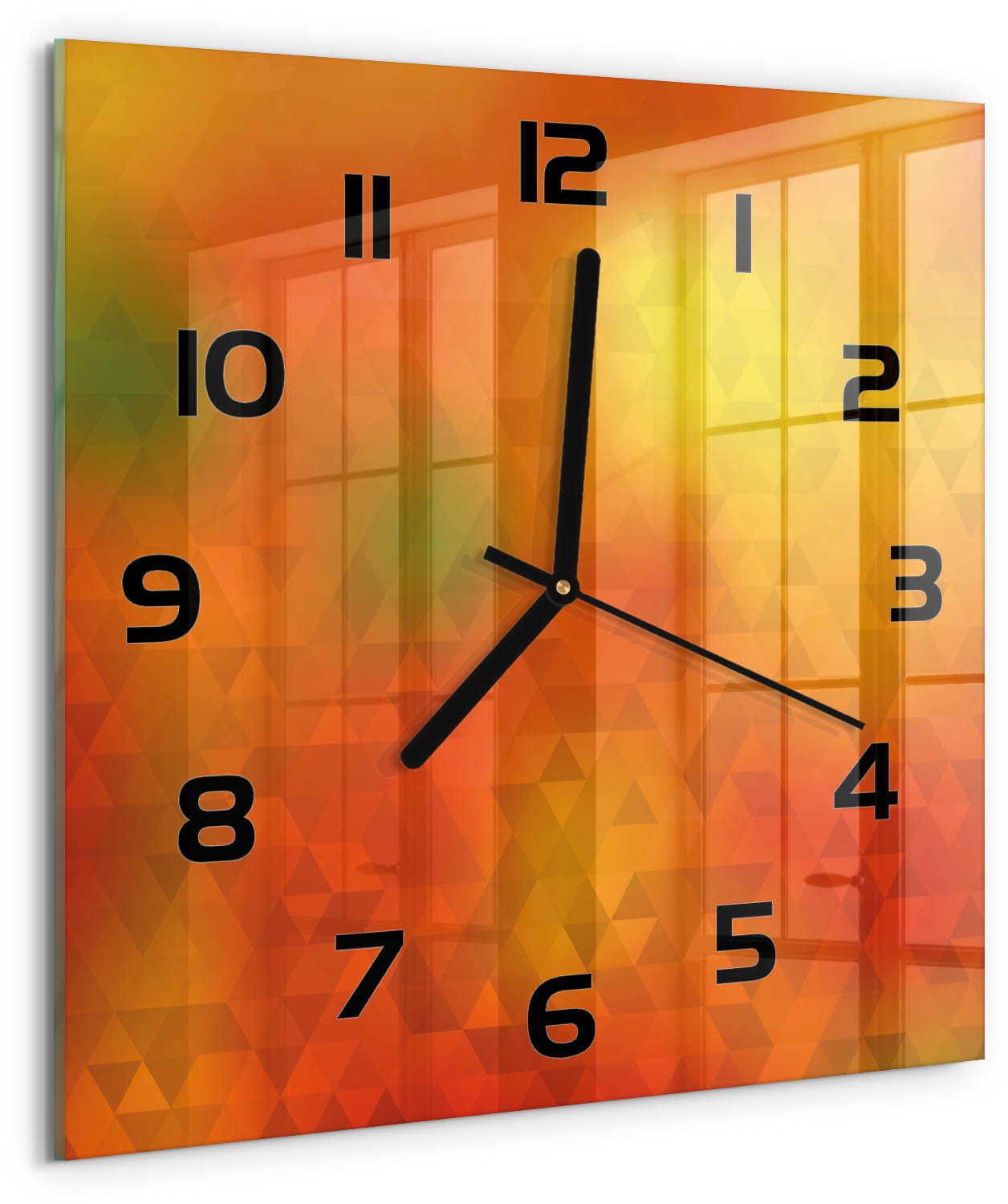 Tulup Wandklok - Driehoeken van abstractie Gekleurde Glazen Klok - 30x30 cm - Oranje Glazen Klok Met Print - Zwarte handen - Vierkante Klok - Moderne Wandklok Glas - Wandklok Glas Decoratie