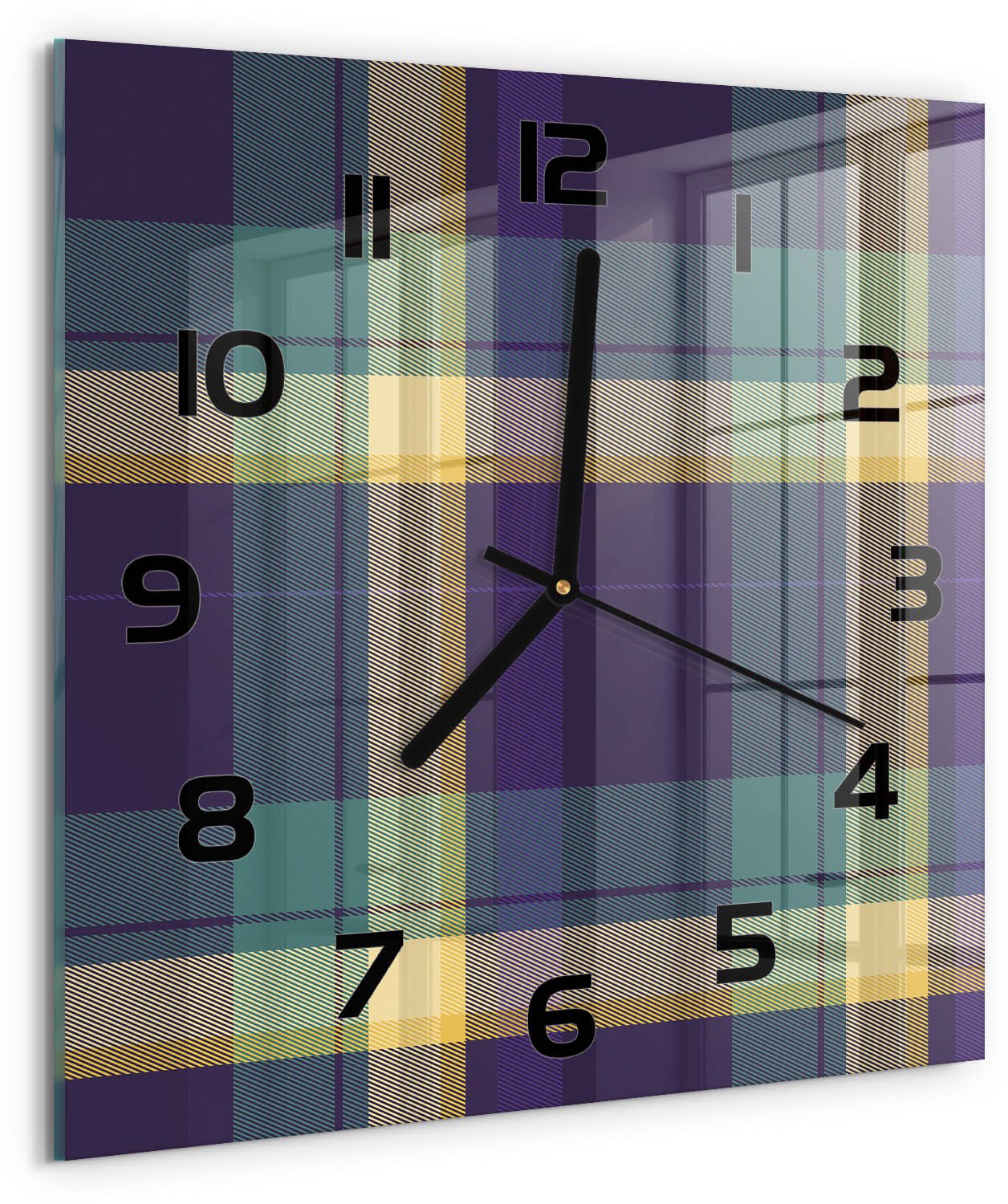 TULUP Wandklok - Mesh-textuur Moderne Wandklok Glas - 30x30 cm - Paars Wandklok Glas Decoratie - Zwarte handen - Vierkante Klok - Glazen Wandklok Design - Klok Glas Met Opdruk