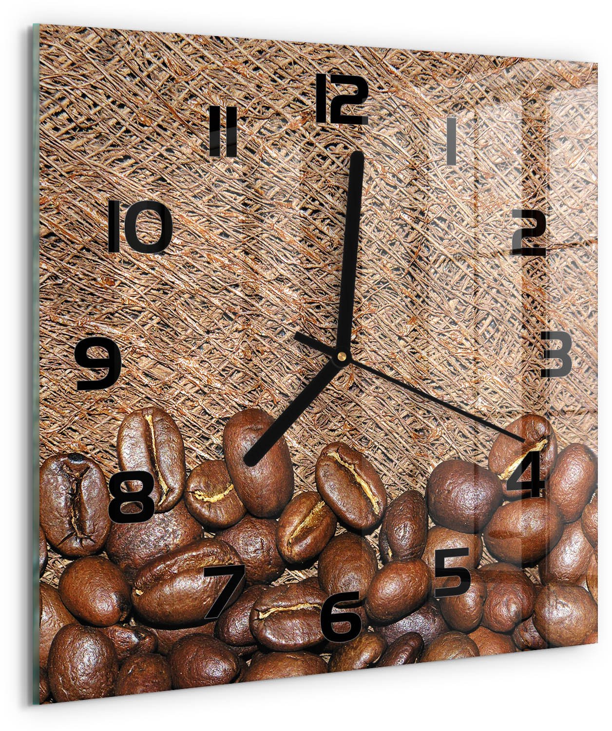 TULUP Wandklok - Koffiebonen Wandklok Glas Met Motief - 30x30 cm - Bruin Decoratieve Glazen Klok - Zwarte handen - Vierkante Klok - Gekleurde Glazen Klok - Glazen Klok Met Print
