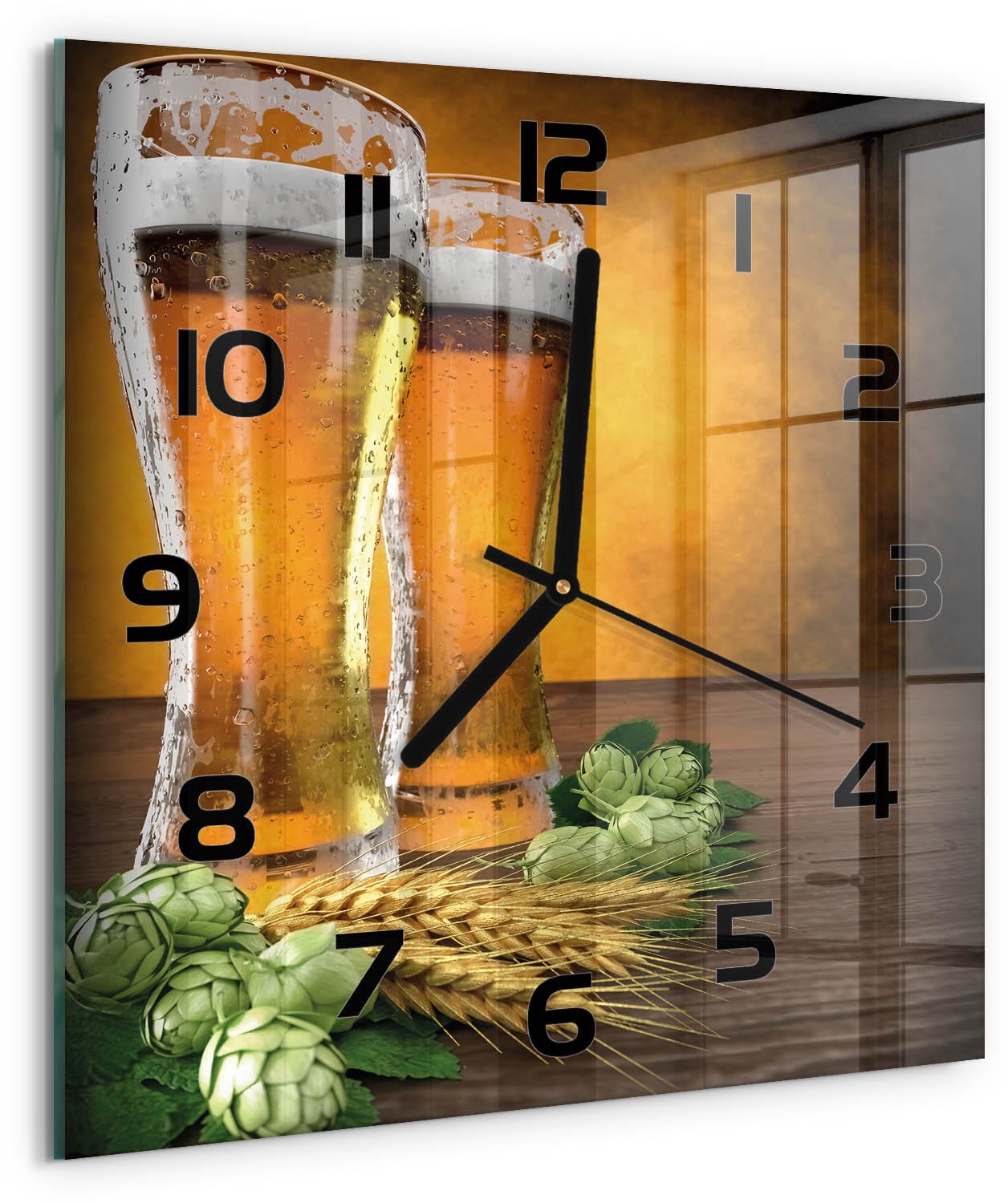 TULUP Wandklok - Twee glazen bier Decoratieve Glazen Klok - 30x30 cm - Oranje Glazen Wandklok Design - Zwarte handen - Vierkante Klok - Glazen Klok Met Print - Wandklok Glas Met Motief