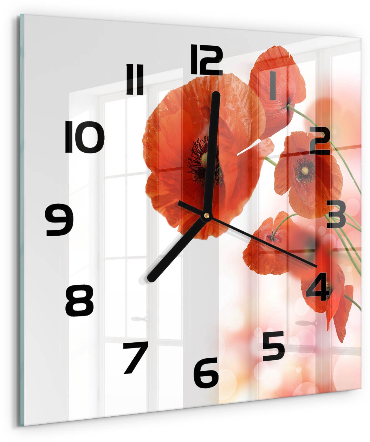 TULUP Wandklok - Klaprozen Klok Glas Met Opdruk - 30x30 cm - Rood Moderne Wandklok Glas - Zwarte handen - Vierkante Klok - Decoratieve Glazen Klok - Glazen Wandklok Design