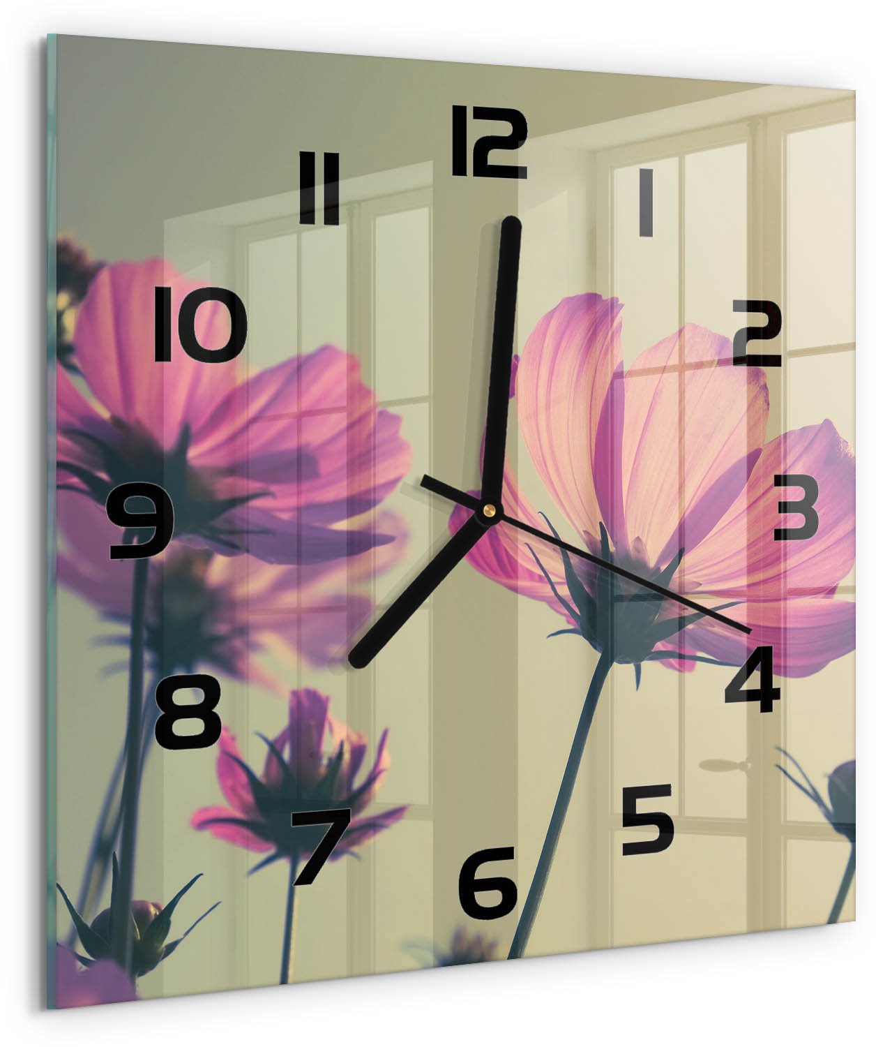 TULUP Wandklok - Roze bloemen Moderne Wandklok Glas - 30x30 cm - Roze Wandklok Glas Decoratie - Zwarte handen - Vierkante Klok - Glazen Wandklok Design - Klok Glas Met Opdruk