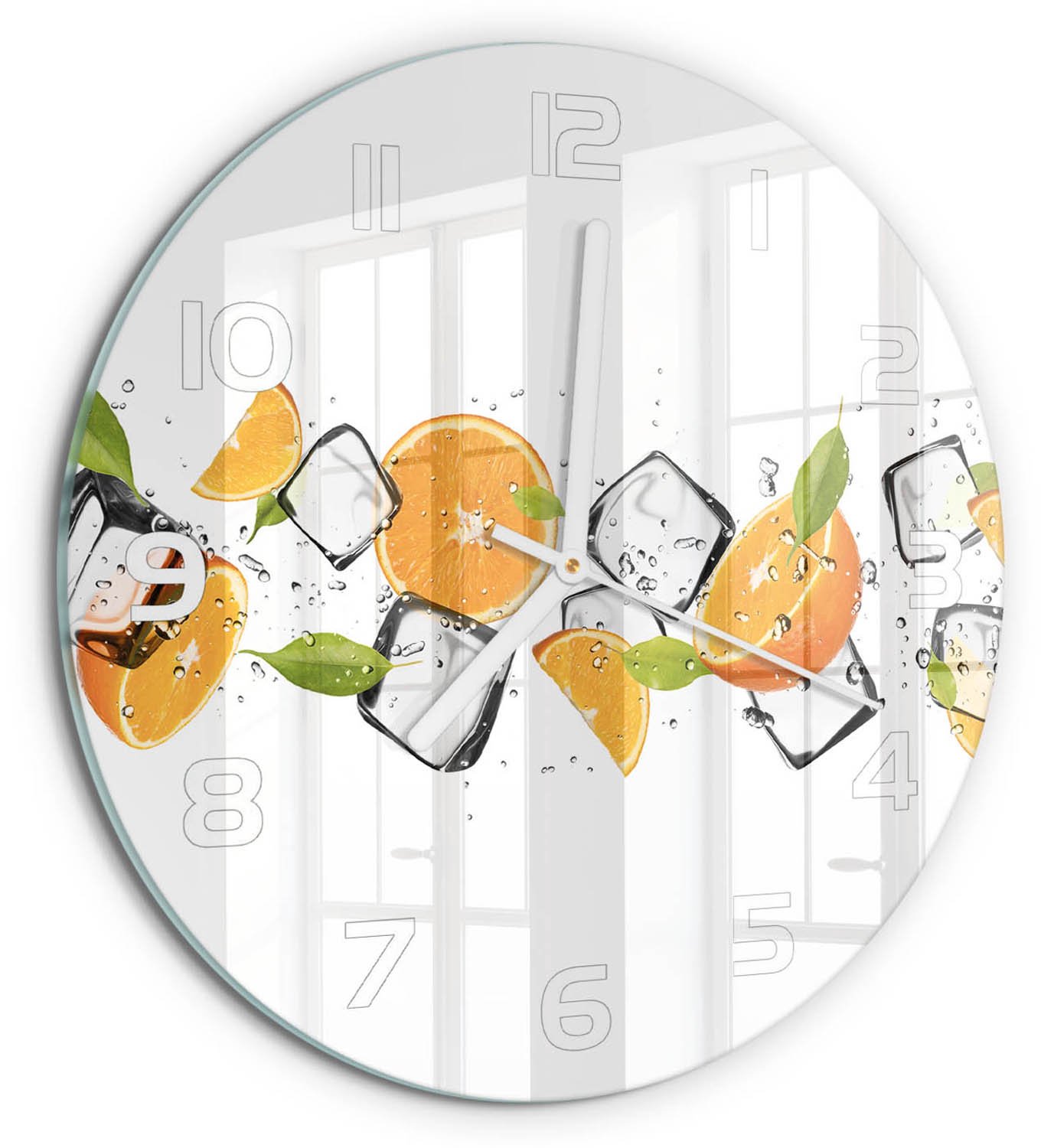 TULUP Wandklok - Sinaasappels met ijs Wandklok Glas Met Motief - fi30 cm - Oranje Decoratieve Glazen Klok - Witte handen - Ronde Klok - Gekleurde Glazen Klok - Glazen Klok Met Print