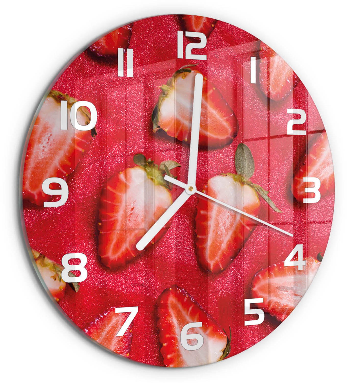 TULUP Wandklok - Gesneden aardbeien Wandklok Glas Decoratie - fi30 cm - Rood Gekleurde Glazen Klok - Witte handen - Ronde Klok - Klok Glas Met Opdruk - Moderne Wandklok Glas