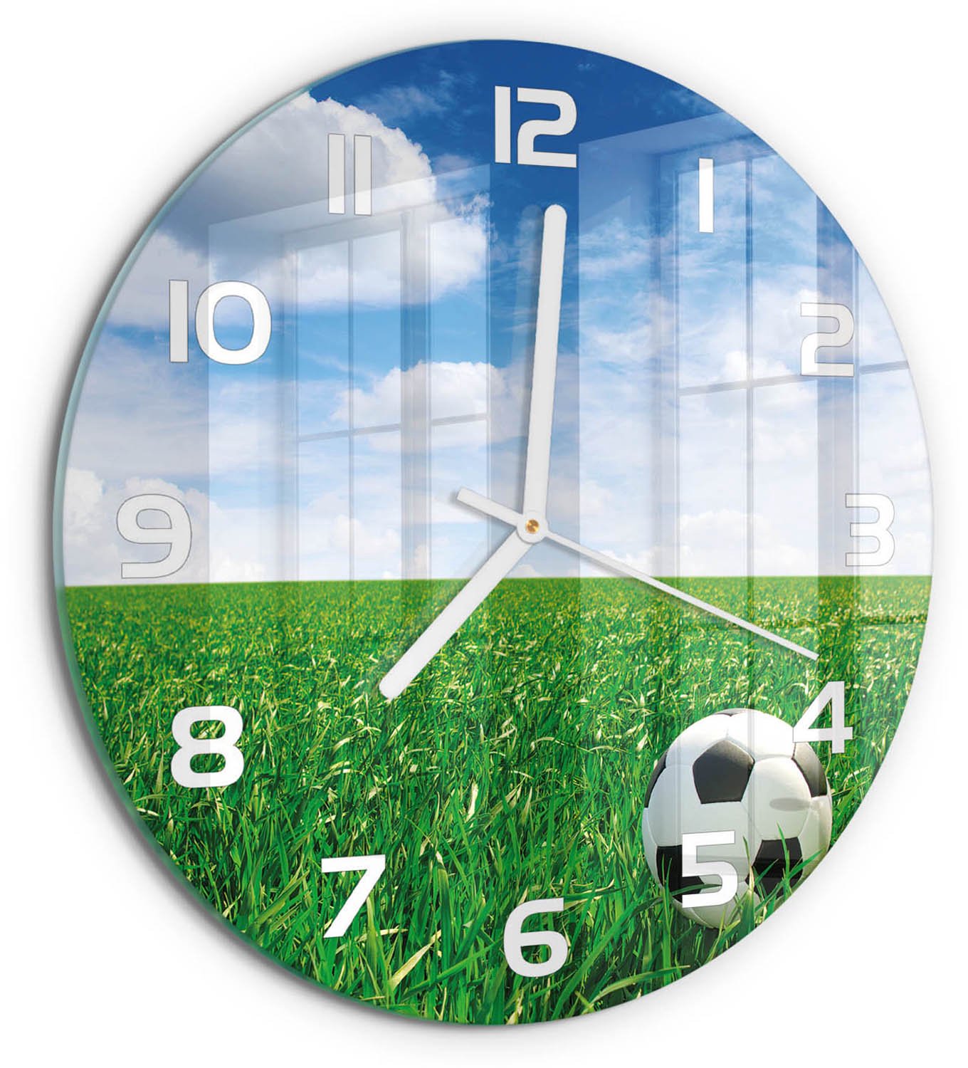 TULUP Wandklok - Voetbal op het grasveld Decoratieve Glazen Klok - fi30 cm - Groente Glazen Wandklok Design - Witte handen - Ronde Klok - Glazen Klok Met Print - Wandklok Glas Met Motief