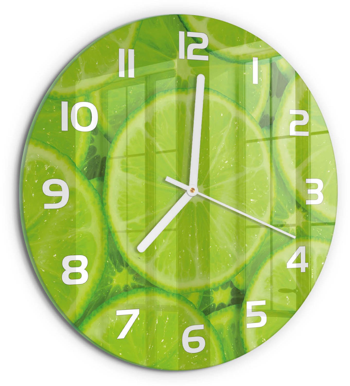 TULUP Wandklok - Limoenen Moderne Wandklok Glas - fi30 cm - Groente Wandklok Glas Decoratie - Witte handen - Ronde Klok - Glazen Wandklok Design - Klok Glas Met Opdruk
