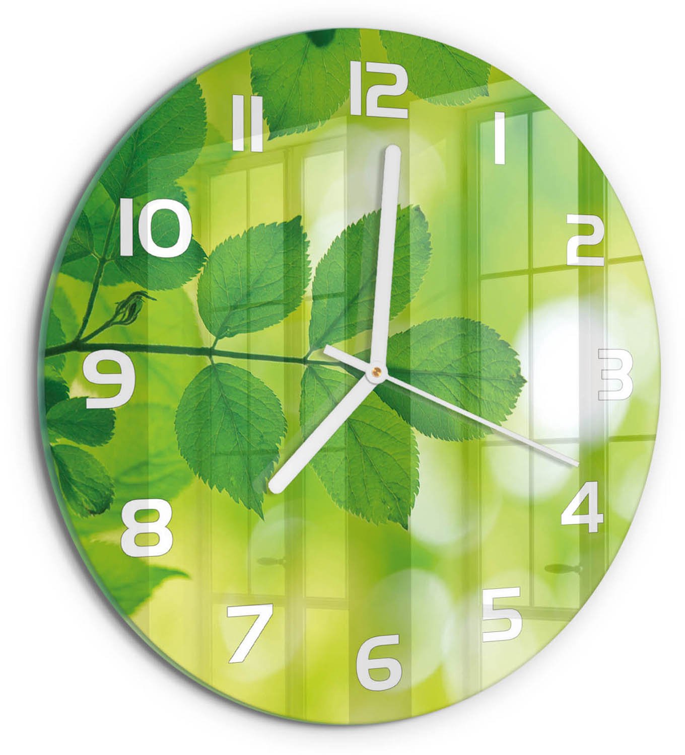 TULUP Wandklok - Groene bladeren Gekleurde Glazen Klok - fi30 cm - Groente Glazen Klok Met Print - Witte handen - Ronde Klok - Moderne Wandklok Glas - Wandklok Glas Decoratie